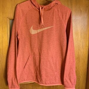 Nike (L) Dri-Fit Sweatshirt - Red Hoodie Logo Swoosh Thumbholes Long Sleeve